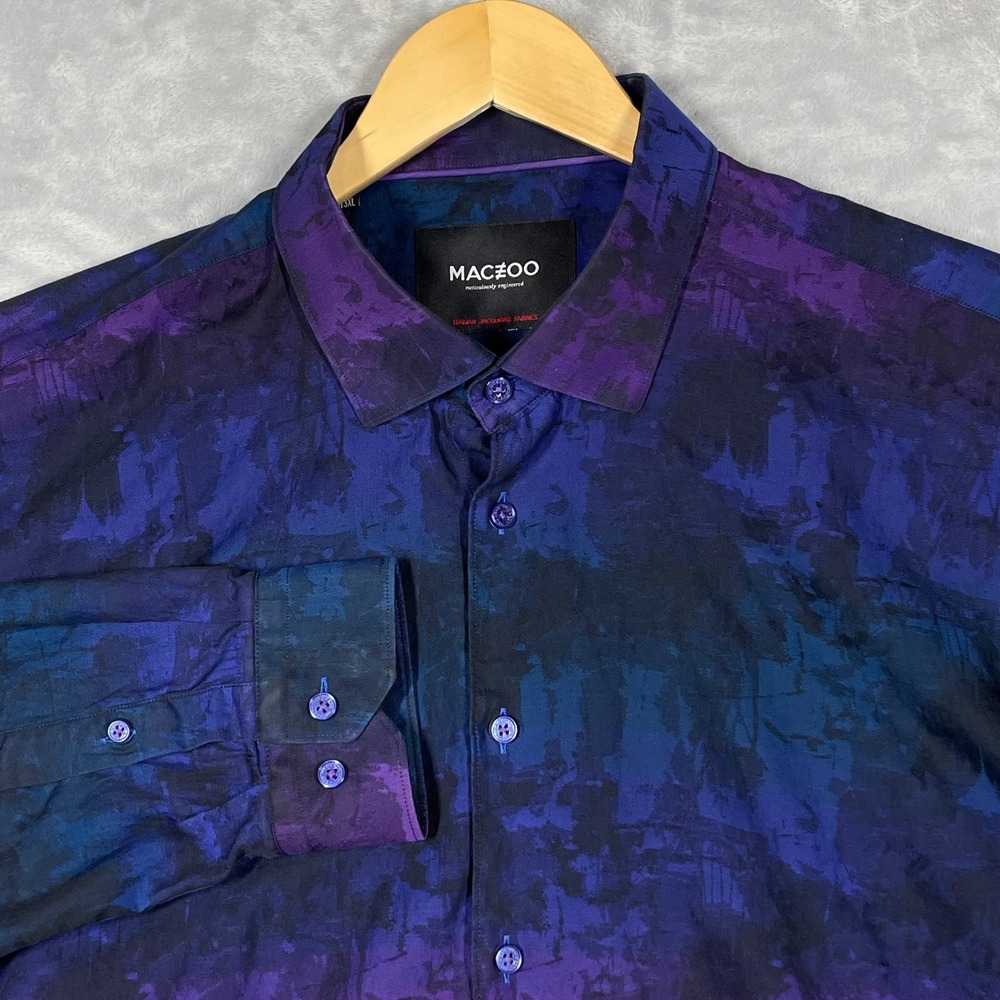 Maceoo Mens 3XL Purple Blue Abstract Italian Jacquard Cotton Button Down Shirt